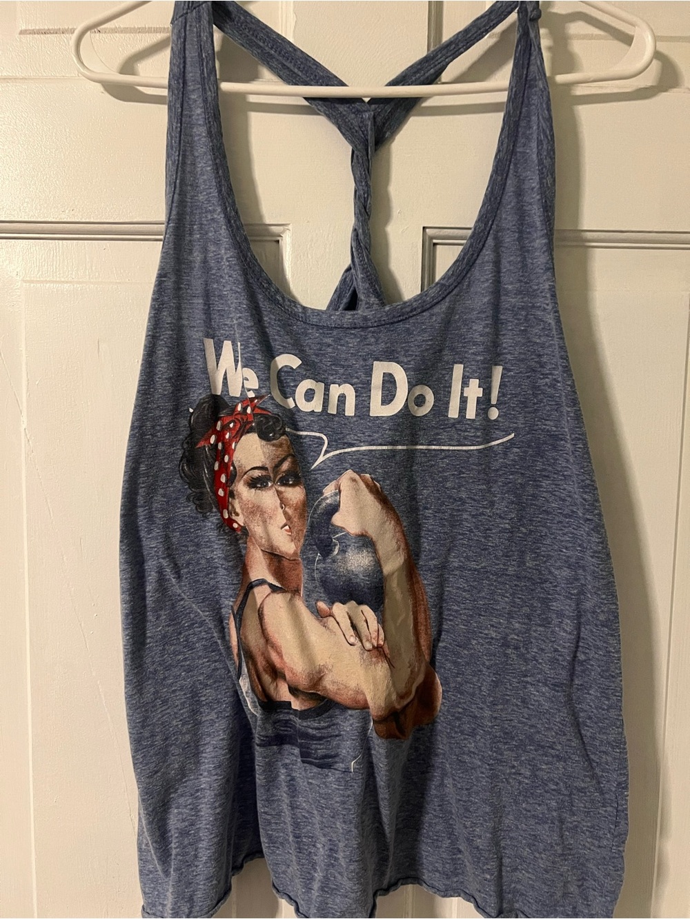 Blue Graphic Racerback Tank Top with 'We Can Do It!' Print